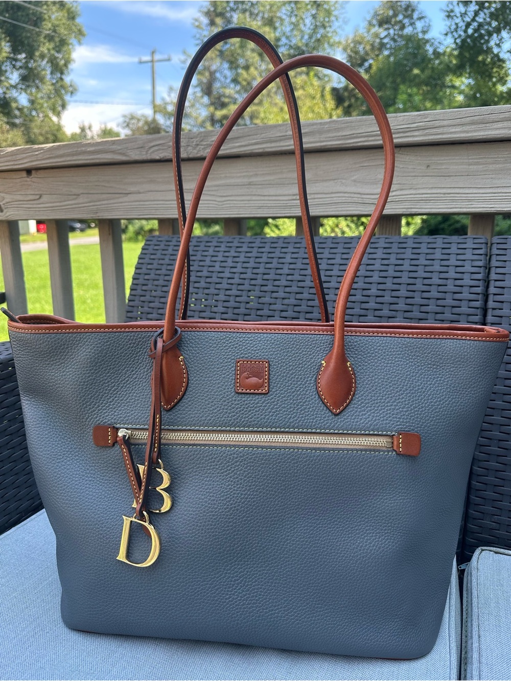 Gray Tote Bag with Brown Trim - Women's Shoulder Bag